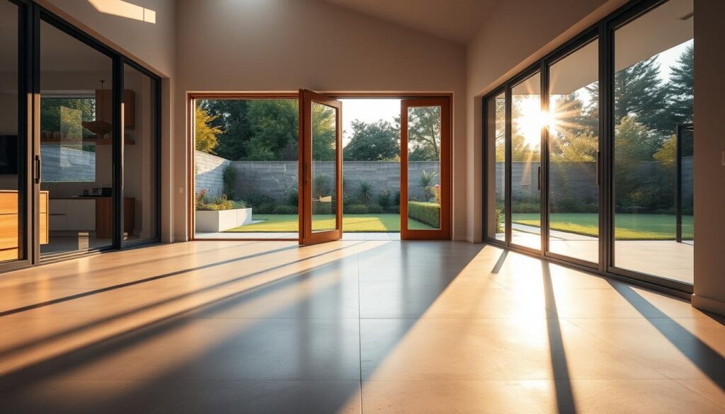 A beautifully designed modern home interior featuring large slider and bifold doors that open up to a sunlit outdoor patio, showcasing seamless indoor-outdoor flow. The foreground highlights the sleek, polished concrete floor leading to the doors, with soft, natural light streaming in through expansive glass panels. The middle section exhibits elegant pivot doors made of wood and glass, emphasizing clean lines and contemporary design. In the background, a serene garden is visible, lush with greenery and colorful flowers. The scene is lit with golden hour sunlight, creating a warm and inviting atmosphere, while shadows play gently across the space. A focus on acoustic comfort is suggested by the sound-absorbing materials and soft furnishings. The angle is from a slightly elevated perspective to capture the full height of the openings, making the space feel expansive and airy.