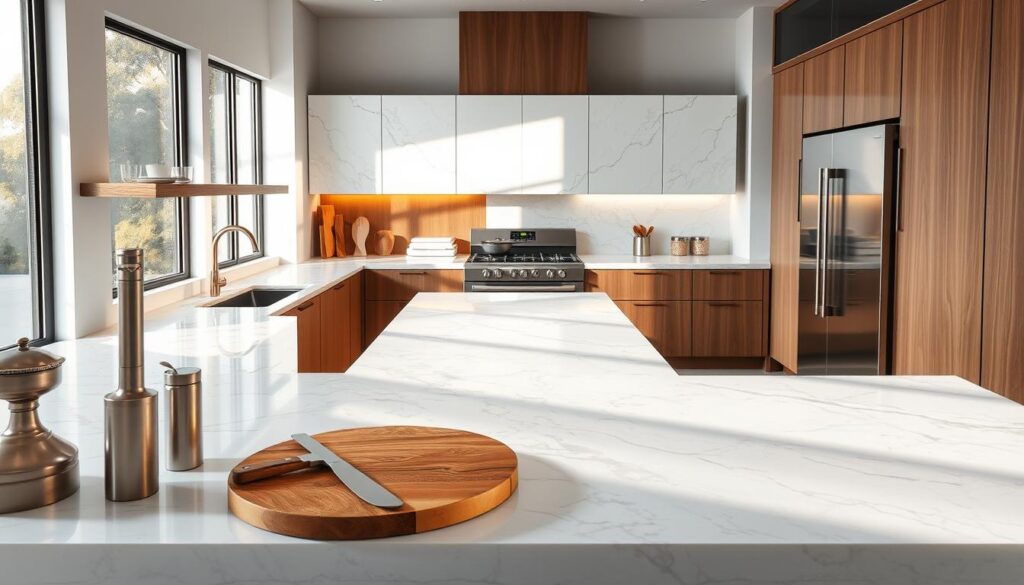 A contemporary kitchen featuring large porcelain slabs as countertops and backsplashes, showcasing stunning natural marble patterns in soft whites, grays, and subtle gold veining. The foreground includes elegantly arranged kitchenware, such as crafted metal utensils and wooden cutting boards, adding warmth to the scene. In the middle ground, the porcelain slabs are seamlessly integrated with sleek cabinetry and warm wood accents, highlighting various edge profiles. The background reveals modern appliances with stainless steel finishes that complement the overall aesthetic. Soft, diffused natural lighting streams in through large windows, casting gentle shadows and enhancing the textures. The atmosphere is inviting and sophisticated, perfect for a stylish culinary space that balances luxury and functionality.