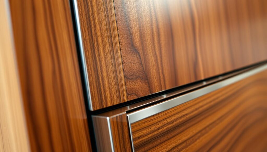 A detailed close-up of sophisticated veneer and millwork detailing, showcasing intricate junctions of rich, warm woods seamlessly blending with sleek crafted metals. The foreground emphasizes the texture of the wood grain and the polished metal surfaces, highlighting carefully designed shadow gaps and expansion joints that create visual depth. The middle ground captures the elegant integration of materials, with subtle reflections and light interplay enhancing the craftsmanship. In the background, soft ambient lighting adds warmth, casting gentle shadows that accentuate the details. The composition is shot from a slightly elevated angle, emphasizing the fine craftsmanship and inviting viewers into a refined, serene atmosphere that embodies luxury and artistry in design. The scene should remain free of any text or markings.