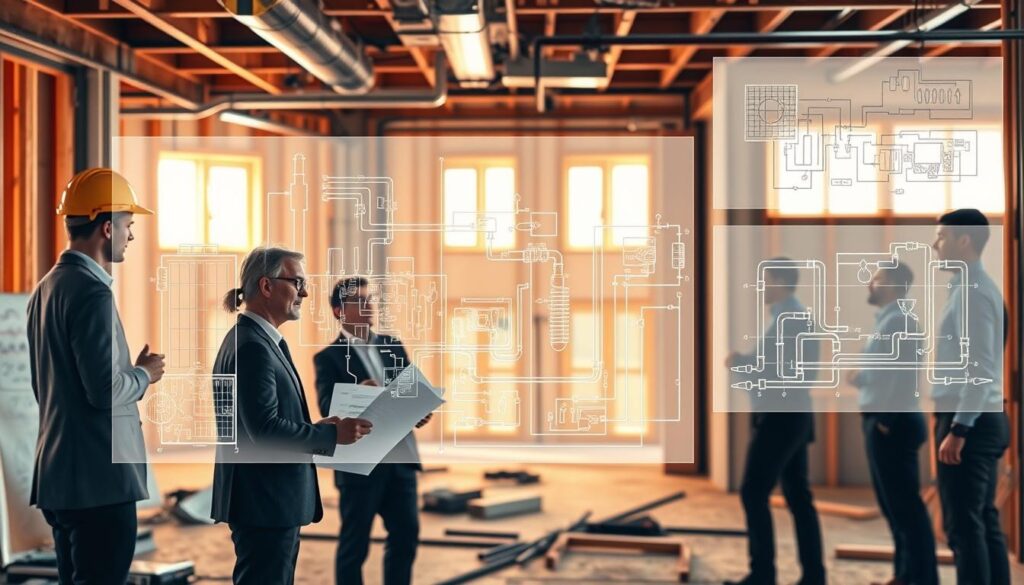 A detailed illustration of HVAC, electrical, and plumbing systems coordination in a modern construction site setting. In the foreground, a diverse team of professionals—architects, builders, and engineers—discuss blueprints and technical schematics while wearing professional business attire. In the middle ground, intricate diagrams of HVAC ducts, electrical wiring, and plumbing layouts are visually layered over a partially constructed building, showcasing meticulous RFI (Request for Information) reduction efforts. The background features partially erected walls and visible ceiling framework, illuminated by warm, natural light filtering through windows, evoking a collaborative and focused atmosphere. The scene is captured from a slightly elevated angle, emphasizing the complexity and organization of the systems while maintaining clarity and cohesion in the design. A detailed illustration of HVAC, electrical, and plumbing systems coordination in a modern construction site setting. In the foreground, a diverse team of professionals—architects, builders, and engineers—discuss blueprints and technical schematics while wearing professional business attire. In the middle ground, intricate diagrams of HVAC ducts, electrical wiring, and plumbing layouts are visually layered over a partially constructed building, showcasing meticulous RFI (Request for Information) reduction efforts. The background features partially erected walls and visible ceiling framework, illuminated by warm, natural light filtering through windows, evoking a collaborative and focused atmosphere. The scene is captured from a slightly elevated angle, emphasizing the complexity and organization of the systems while maintaining clarity and cohesion in the design.