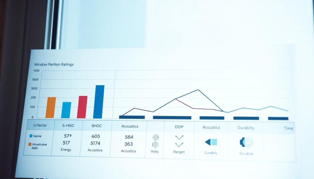 A detailed window performance ratings chart, prominently featuring U-factor, SHGC, STC, and DP metrics. The foreground displays elegantly designed bar graphs and line charts in contrasting colors to highlight the performance differences. In the middle, sections are clearly segmented, showing numerical values with visual icons representing energy efficiency, acoustics, and durability. The background is a subtle gradient that blends from light blue to white, creating a clean and professional atmosphere. Soft, diffused lighting enhances clarity without harsh shadows, while a slight tilt from a high angle adds depth to the composition. The overall mood is informative and engaging, aimed at conveying technical data in a visually appealing way.