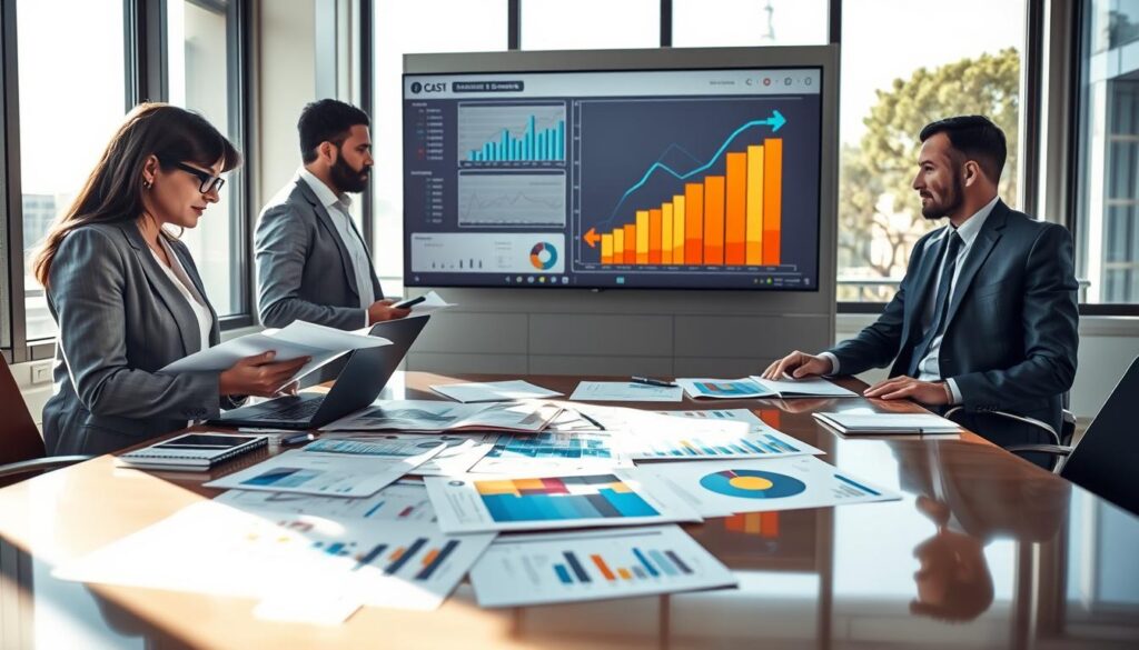 A detailed workspace setting showcasing an analysis of cost transparency in competitive bidding for architecture and construction. In the foreground, a group of three diverse professionals in business attire: a woman with glasses studying a large blueprint, a man typing notes on a laptop, and another man pointing to a dynamic graph on a wall-mounted screen, all appearing focused and engaged. In the middle section, various project documents and colorful charts lay scattered on a polished conference table, emphasizing collaboration. The background features large windows allowing natural light to illuminate the room, creating a bright and inspiring atmosphere. Soft shadows enhance the sense of depth, with a modern office design that reflects professionalism and creativity.