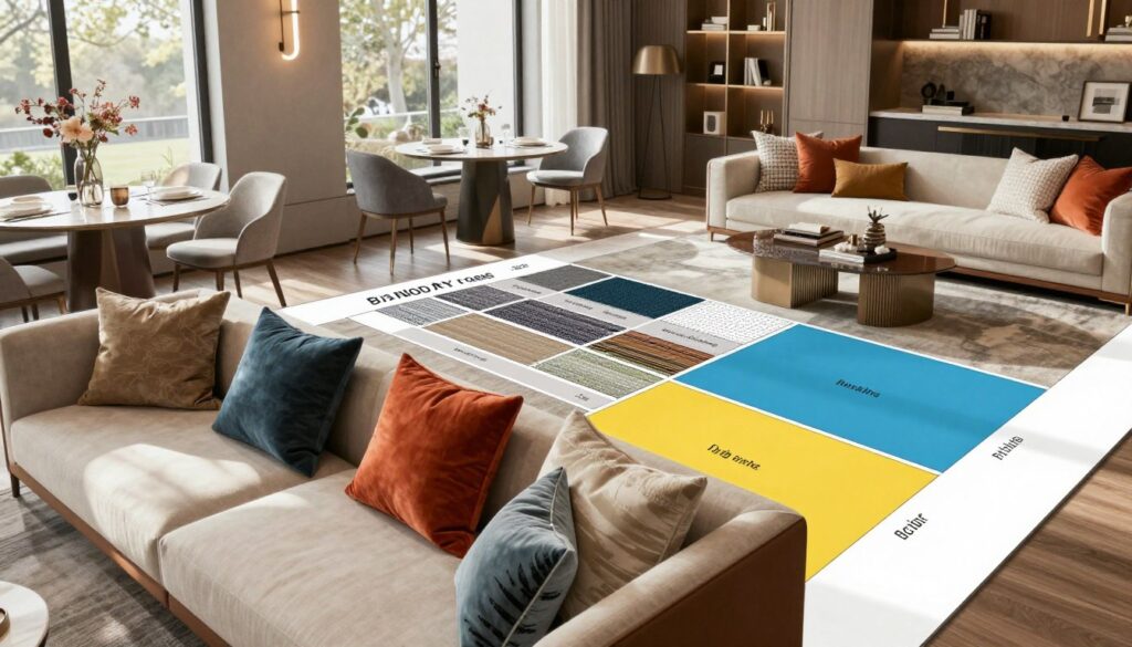 A detailed zoning plan for performance fabrics, showcasing different zones in a stylish living space. In the foreground, a modern seating arrangement featuring luxurious, yet practical fabrics in vibrant colors, complemented by elegant cushions. The middle ground displays a thoughtfully designed layout including a dining area with refined textiles and a cozy lounge spot. In the background, large windows allow natural light to flood the room, casting soft shadows and highlighting the textures of the fabrics. The lighting is warm and inviting, suggesting a comfortable and chic atmosphere. The perspective is slightly elevated, capturing the harmony between functionality and aesthetic beauty in the design. The overall mood is upscale and welcoming, emphasizing the blend of lifestyle planning and performance materials. A detailed zoning plan for performance fabrics, showcasing different zones in a stylish living space. In the foreground, a modern seating arrangement featuring luxurious, yet practical fabrics in vibrant colors, complemented by elegant cushions. The middle ground displays a thoughtfully designed layout including a dining area with refined textiles and a cozy lounge spot. In the background, large windows allow natural light to flood the room, casting soft shadows and highlighting the textures of the fabrics. The lighting is warm and inviting, suggesting a comfortable and chic atmosphere. The perspective is slightly elevated, capturing the harmony between functionality and aesthetic beauty in the design. The overall mood is upscale and welcoming, emphasizing the blend of lifestyle planning and performance materials.
