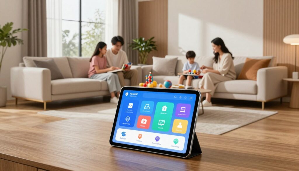 A modern, stylish living room showcasing parental control safety features integrated into a beautiful design. In the foreground, a sleek smart tablet displays an intuitive parental control interface, with colorful icons representing safety features like screen time limits, content filters, and activity monitoring. The middle ground features a family gathered comfortably on a plush, elegant sofa, with parents supervising children playing with educational toys, all dressed in smart casual attire. In the background, large windows let in soft, natural light, illuminating eco-friendly materials like hardwood flooring and low-VOC paint on the walls. The atmosphere is warm and inviting, blending luxury with safety and functionality. Use soft, diffused lighting to create a cozy ambiance, captured from a slightly elevated angle for a comprehensive view of the room's design harmony. A modern, stylish living room showcasing parental control safety features integrated into a beautiful design. In the foreground, a sleek smart tablet displays an intuitive parental control interface, with colorful icons representing safety features like screen time limits, content filters, and activity monitoring. The middle ground features a family gathered comfortably on a plush, elegant sofa, with parents supervising children playing with educational toys, all dressed in smart casual attire. In the background, large windows let in soft, natural light, illuminating eco-friendly materials like hardwood flooring and low-VOC paint on the walls. The atmosphere is warm and inviting, blending luxury with safety and functionality. Use soft, diffused lighting to create a cozy ambiance, captured from a slightly elevated angle for a comprehensive view of the room's design harmony.