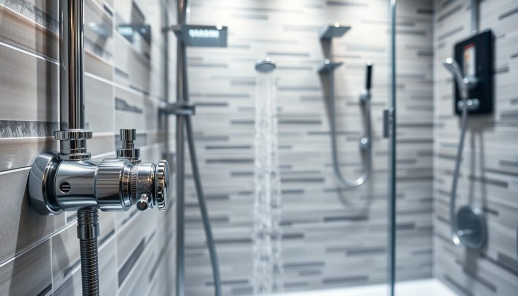 A sleek and modern luxury shower system displayed prominently, featuring a variety of components such as thermostatic valves, elegant body sprays, and a sophisticated steam unit, all set against a beautifully tiled backdrop. In the foreground, focus on polished chrome valves with an intricate design, while gently illuminated to highlight their shine. The middle ground showcases the body sprays, artfully arranged, enhancing the luxurious feel, and a discreet drainage system can be seen subtly incorporated into the stylish floor. For the background, soft lighting enhances the serene bathroom ambiance, invoking a tranquil mood. Shot at an angle that captures depth, ensuring all elements are clear, inviting the viewer into a world of beauty and function in shower design.