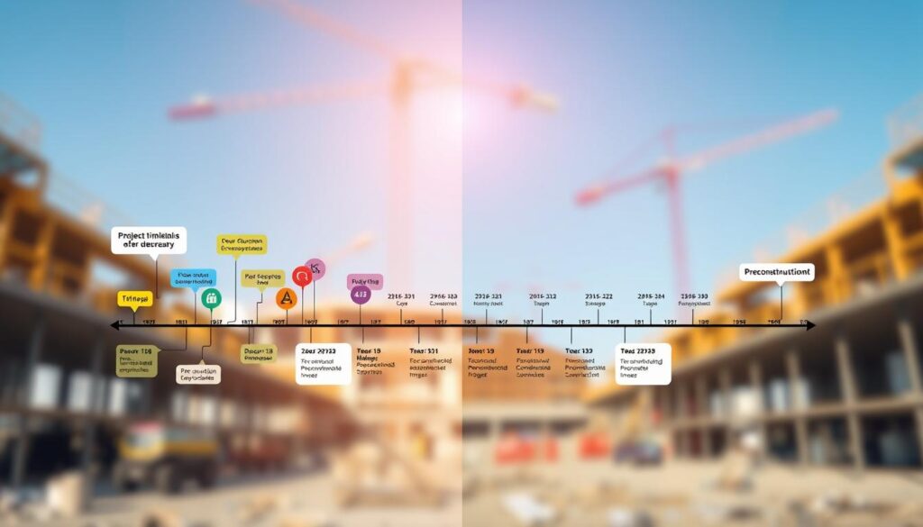 A split-image illustration depicting a construction schedule, showcasing a parallel timeline on one side and a linear timeline on the other. In the foreground, key elements like project milestones and deadlines are represented as colorful icons and bubbles, visually contrasting the two approaches. The middle section includes a detailed timeline grid with annotations for permitting processes and preconstruction services, emphasizing variations in scheduling efficiency. The background shows a blurred construction site with cranes and scaffolding, under a clear blue sky, to evoke a sense of progress and activity. The lighting is bright and optimistic, using a wide-angle perspective to enhance the scene's depth and clarity, creating a professional and informative atmosphere suitable for a business context.
