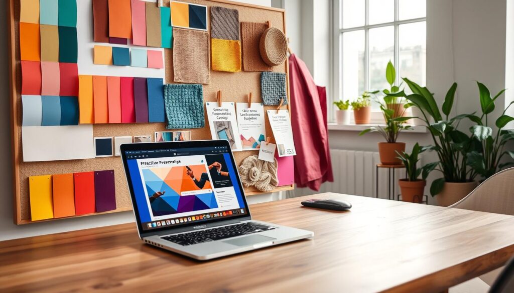A stylish mood board showcasing presentation tips, featuring an array of vibrant color swatches, various textured fabric samples, and meticulously arranged printed visuals of effective presentation techniques. In the foreground, a sleek wooden desk with a laptop open, displaying a partially designed slide. In the middle, various pinned notes with essential editing pointers and an eye-catching surprise element, like a unique patterned fabric swatch. The background features a softly lit workspace bathed in natural light from a large window, with potted plants adding a fresh touch. The atmosphere is creative and inviting, encouraging a sense of inspiration and focus, captured from a slightly elevated angle to provide depth to the arrangement and create a harmonious composition. A stylish mood board showcasing presentation tips, featuring an array of vibrant color swatches, various textured fabric samples, and meticulously arranged printed visuals of effective presentation techniques. In the foreground, a sleek wooden desk with a laptop open, displaying a partially designed slide. In the middle, various pinned notes with essential editing pointers and an eye-catching surprise element, like a unique patterned fabric swatch. The background features a softly lit workspace bathed in natural light from a large window, with potted plants adding a fresh touch. The atmosphere is creative and inviting, encouraging a sense of inspiration and focus, captured from a slightly elevated angle to provide depth to the arrangement and create a harmonious composition.
