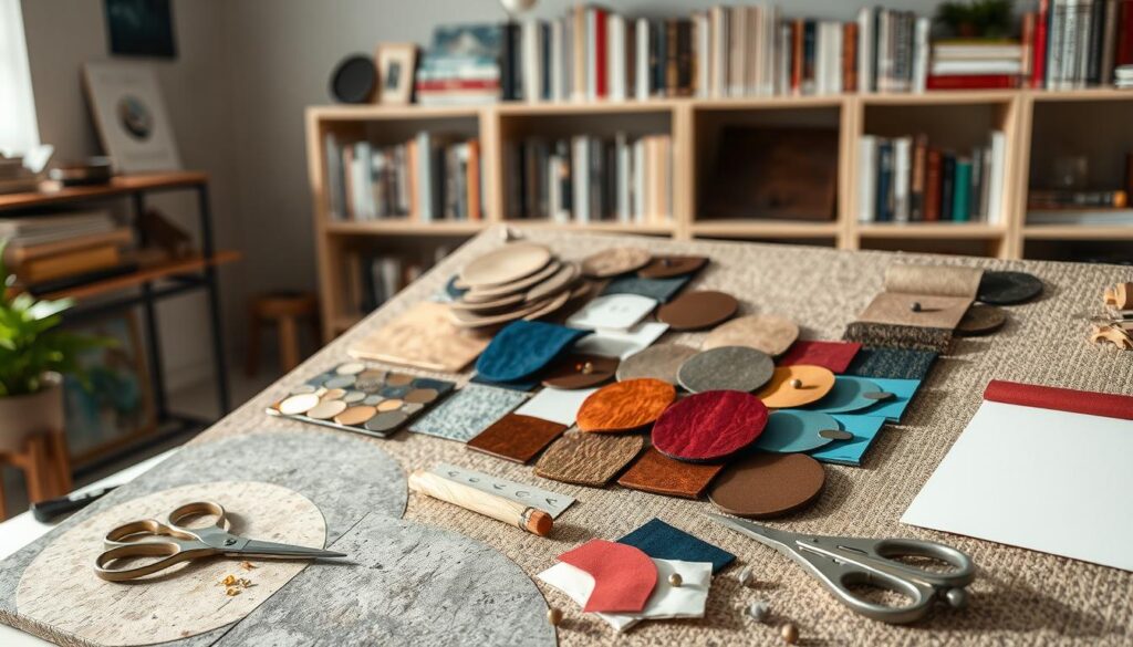 A stylish workspace showcasing a sample curation board. In the foreground, a large, textured board displays an array of stone tiles, rich fabrics, gleaming metals, and vibrant paint swatches, artfully arranged. The middle ground features scissor, swatches pinned with elegant pins, and design tools scattered neatly, hinting at a creative process in motion. The background is softly blurred, revealing shelves filled with design books and natural light filtering through a window, creating a warm and inviting atmosphere. The scene is illuminated with soft, diffused lighting that highlights the textures and colors of the materials, encouraging an inspiring and artistic mood, captured from a slightly elevated angle to encompass the entire layout. A stylish workspace showcasing a sample curation board. In the foreground, a large, textured board displays an array of stone tiles, rich fabrics, gleaming metals, and vibrant paint swatches, artfully arranged. The middle ground features scissor, swatches pinned with elegant pins, and design tools scattered neatly, hinting at a creative process in motion. The background is softly blurred, revealing shelves filled with design books and natural light filtering through a window, creating a warm and inviting atmosphere. The scene is illuminated with soft, diffused lighting that highlights the textures and colors of the materials, encouraging an inspiring and artistic mood, captured from a slightly elevated angle to encompass the entire layout.