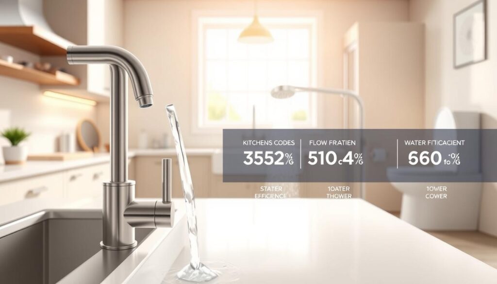 A visually striking, technical illustration depicting various kitchen and bath fixtures, highlighting their water efficiency codes and flow rates. In the foreground, showcase a modern faucet with water flowing gently, emphasizing its sleek design and efficiency metrics. In the middle, feature a stylish showerhead and toilet, both labeled with their respective flow rate statistics in a subtle, infographic style. The background should consist of a contemporary kitchen and bath setting, softly illuminated by natural light to create a clean and inviting atmosphere. Use a wide-angle perspective to capture the harmonious blend of form and function, suitable for a performance-focused aesthetic. The overall mood should be educational yet elegant, inviting viewers to appreciate the balance of beauty and efficiency in home fixtures.