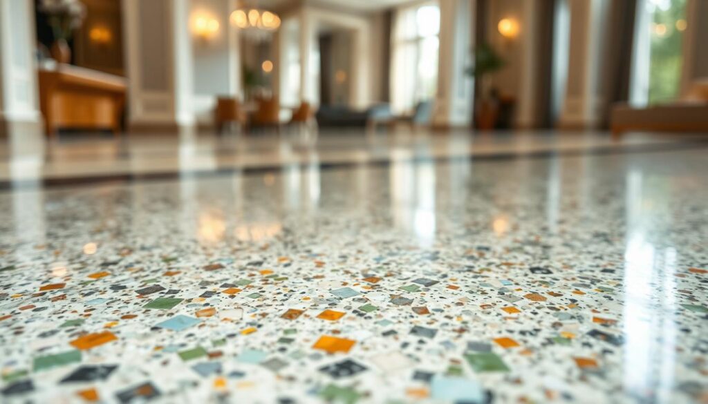 A close-up shot of terrazzo flooring made with recycled glass aggregates, showcasing a rich texture and vibrant colors. The foreground features a polished surface reflecting natural light, with flecks of green, blue, and amber glass embedded in a smooth, glossy finish. In the middle ground, various terrazzo pieces are displayed, emphasizing different aggregate sizes and shapes. The background consists of blurred elegant interior elements, such as soft lighting fixtures and neutral-colored walls, creating a sophisticated, sustainable atmosphere. The image captures a warm, inviting mood, accentuating the beauty and eco-friendliness of this luxury flooring option. Use soft, diffused lighting to enhance the color richness and detail of the terrazzo. The angle should be slightly tilted to add depth and interest.