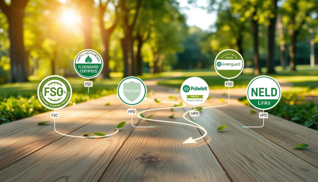 A detailed and vibrant certification map showcasing various sustainable flooring certifications, including FSC, FloorScore, Greenguard, HPD, and WELL links. In the foreground, label icons representing each certification are illustrated as colorful badges with distinct designs. The middle ground features a flowing layout of interconnected paths or routes leading to each certification, adorned with green leaves and wooden textures to symbolize sustainability. The background displays a serene, eco-friendly landscape with soft sunlight filtering through lush trees, giving a warm and inviting atmosphere. The image should be well-lit, with a slight depth of field to emphasize the foreground details, creating a professional yet approachable feel suitable for an informative setting.