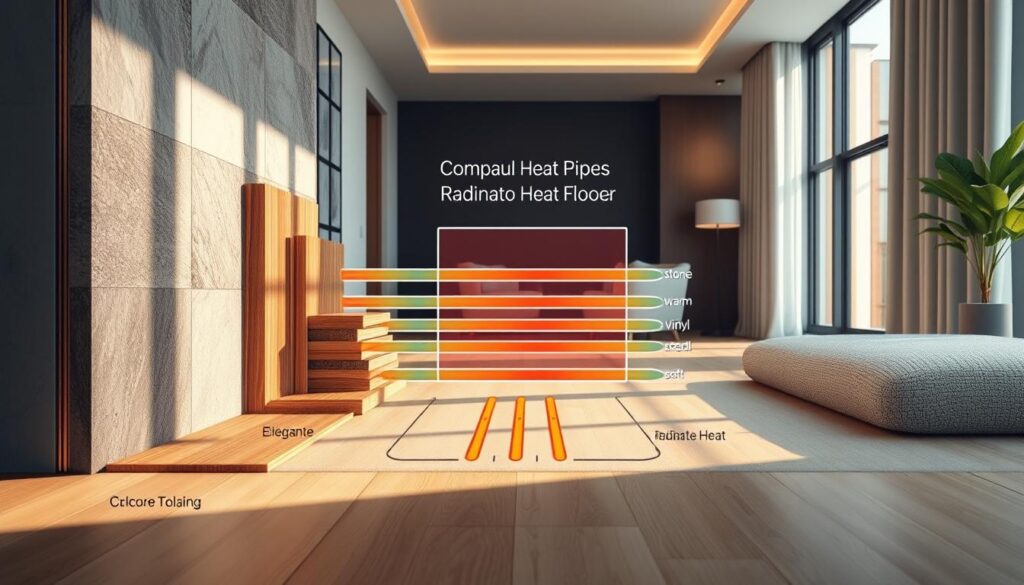 A detailed architectural diagram showcasing condo floor compatibility with radiant heating systems. In the foreground, display cross-sectional views of different flooring materials arranged side by side: elegant tile, luxurious stone, warm wood, versatile vinyl, and soft carpet, each illustrating their compatibility with radiant heat. In the middle ground, include a schematic representation of radiant heat pipes embedded within the layers, highlighting thermal flow. The background features a well-lit, modern condo interior with natural light illuminating the space, creating a cozy and sophisticated atmosphere. Use a slight downward angle to convey depth and clarity. The overall mood should exude quiet luxury and technical precision, appealing to homeowners interested in innovative floor engineering.