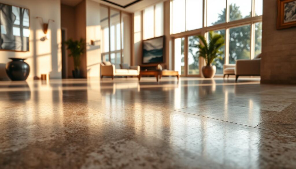 A luxurious gallery-level space showcasing a seamless transition between slip-resistant and sheen finishes of flooring, emphasizing honed, leathered, and bush-hammered textures. In the foreground, a close-up of polished porcelain slabs reflecting light with varying sheen levels, while nearby, stone slabs display a subtly textured surface. The middle ground features elegant indoor furnishings, harmonizing with the flooring design. The background includes large windows that allow natural light to flood the space, casting soft shadows that enhance the three-dimensional quality of the floor surfaces. The atmosphere should convey sophistication and tranquility, capturing the essence of continuity between indoor and outdoor areas. The scene is well-lit with warm, ambient lighting, shot from a low angle to accentuate the depth and texture of the flooring materials.