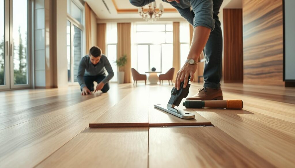 A luxurious interior showcasing the high-end installation of premium flooring in a modern luxury home. In the foreground, a professional installer in smart casual attire gently lays down engineered hardwood planks, highlighting the precise subfloor prep and movement joints. In the middle, the flooring transitions smoothly between different sections, showcasing various finishes including polished tile and rich timber, with an emphasis on slab tolerance and expansion gaps. The background features natural light flooding in from large windows, illuminating the elegant room with a soft, inviting atmosphere. The camera angle captures a close-up of the floor and the tools, emphasizing detail and craftsmanship. The scene conveys a sense of sophistication and attention to detail essential for luxury home installations.
