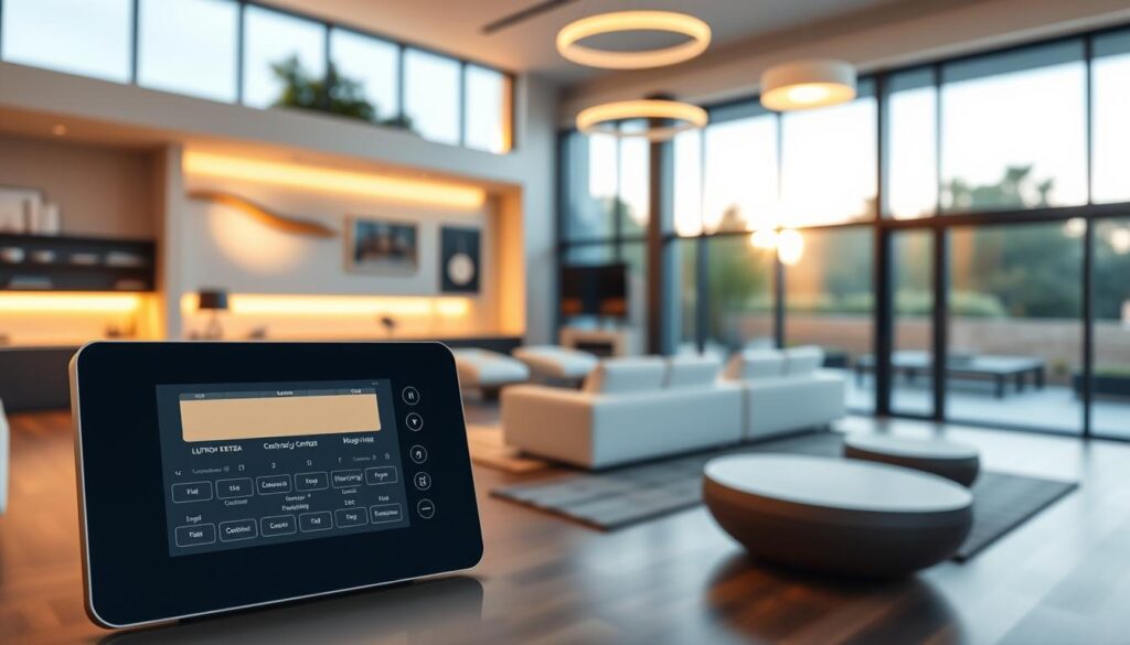 A modern interior room showcasing a sophisticated smart lighting control system featuring Lutron Ketra, DALI‑2, KNX, and Control4 platforms. In the foreground, a sleek control panel is displayed, illuminated by soft, warm LED lighting that highlights its features. The middle ground features a stylish living space with circadian lighting solutions seamlessly integrated into the architecture, showcasing adjustable light fixtures that create an inviting atmosphere. The background includes large windows revealing a sunny outdoor landscape, hinting at the interaction between natural and artificial light. The composition should be captured with a wide-angle lens, emphasizing the modern design and technology of the space, evoking a sense of tranquility and advancement in home automation. A modern interior room showcasing a sophisticated smart lighting control system featuring Lutron Ketra, DALI‑2, KNX, and Control4 platforms. In the foreground, a sleek control panel is displayed, illuminated by soft, warm LED lighting that highlights its features. The middle ground features a stylish living space with circadian lighting solutions seamlessly integrated into the architecture, showcasing adjustable light fixtures that create an inviting atmosphere. The background includes large windows revealing a sunny outdoor landscape, hinting at the interaction between natural and artificial light. The composition should be captured with a wide-angle lens, emphasizing the modern design and technology of the space, evoking a sense of tranquility and advancement in home automation.