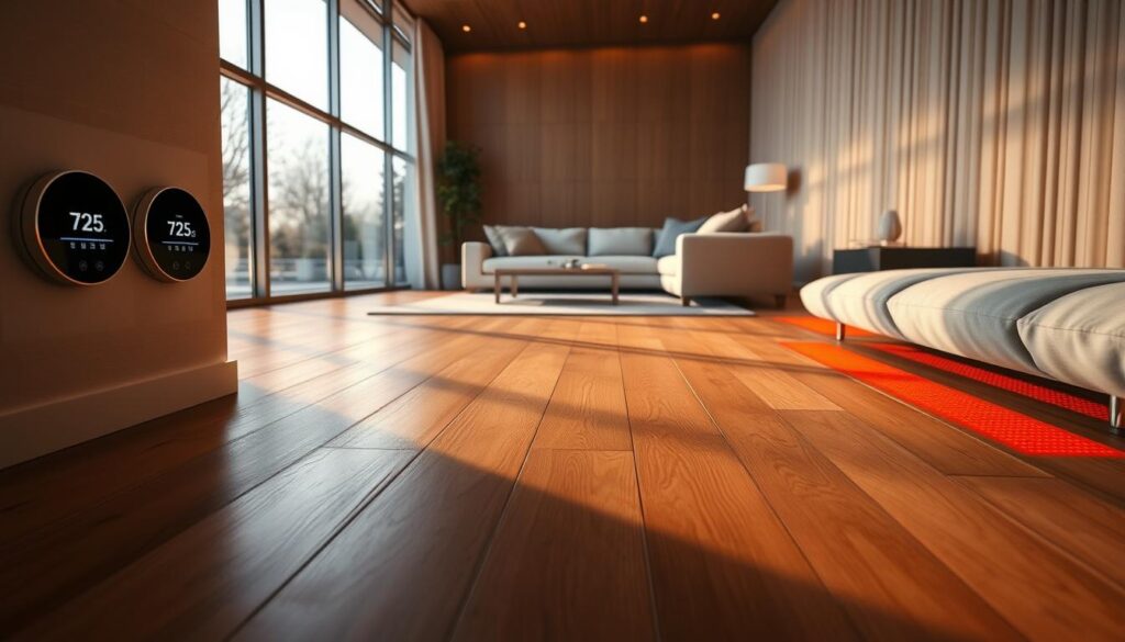 A modern living space showcasing radiant heated floors in a luxurious setting. In the foreground, depict a stylish room with a polished wooden surface, subtly glowing orange to indicate warmth. Include sleek smart thermostats on a minimalist wall, their digital displays visible and suggesting high-tech functionality. In the middle ground, add plush furniture with thick, acoustic panels on the walls, enhancing the quiet atmosphere. The background should feature large windows allowing soft, warm sunlight to stream in, illuminating the space with a cozy and inviting glow. Use a wide-angle lens perspective to capture the layout, emphasizing the integration of technology and comfort. The overall mood should convey tranquility, sophistication, and innovative engineering in a modern home environment.