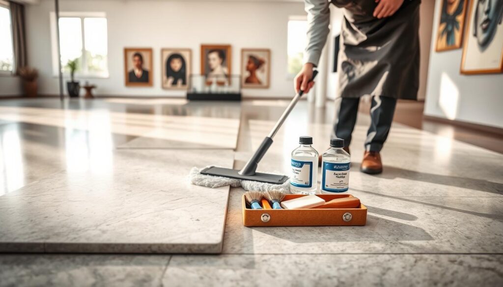 A professional setting showcasing the maintenance of flooring, prominently featuring a sleek natural stone slab and a polished porcelain tile. In the foreground, a person dressed in a clean, professional shirt and apron is applying a pH neutral cleaner with a mop on the stone surface, demonstrating care and precision. In the middle ground, a small toolkit with poultice materials, brushes, and cleaning solutions is neatly arranged, adding a practical touch. The background reveals a well-lit gallery-level space with art pieces, emphasizing the elegance of both flooring types. Natural light streams in through large windows, casting gentle shadows and creating a serene atmosphere. The image should evoke a sense of professionalism and attention to detail in floor maintenance, highlighting best practices.