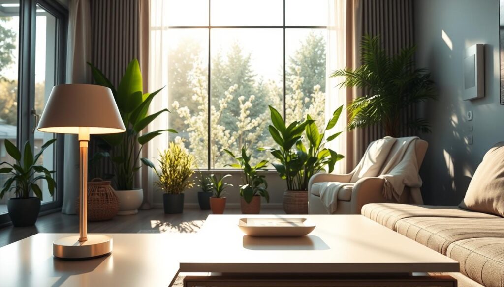 A serene, modern living space with advanced circadian lighting features. In the foreground, a stylish smart lamp emits a soft, warm glow, casting gentle shadows on a sleek coffee table. The middle ground showcases a large window with abundant daylight, surrounded by plants that thrive in varying light conditions. Sunlight streams in, illuminating a cozy reading nook with a comfortable chair draped in a light throw. In the background, a high-tech sensor system is subtly integrated into the wall, showcasing its functionality with soft indicator lights. The overall atmosphere is calm and inviting, reflecting the harmonious interplay of daylight and artificial lighting, emphasizing the importance of responsive design in creating a balanced environment. The scene is captured with a wide-angle lens to convey depth, highlighting both technology and comfort. A serene, modern living space with advanced circadian lighting features. In the foreground, a stylish smart lamp emits a soft, warm glow, casting gentle shadows on a sleek coffee table. The middle ground showcases a large window with abundant daylight, surrounded by plants that thrive in varying light conditions. Sunlight streams in, illuminating a cozy reading nook with a comfortable chair draped in a light throw. In the background, a high-tech sensor system is subtly integrated into the wall, showcasing its functionality with soft indicator lights. The overall atmosphere is calm and inviting, reflecting the harmonious interplay of daylight and artificial lighting, emphasizing the importance of responsive design in creating a balanced environment. The scene is captured with a wide-angle lens to convey depth, highlighting both technology and comfort.