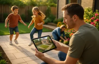 3D outdoor plans shown on a tablet beside patio material samples