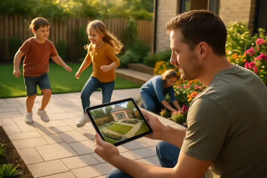 3D outdoor plans shown on a tablet beside patio material samples