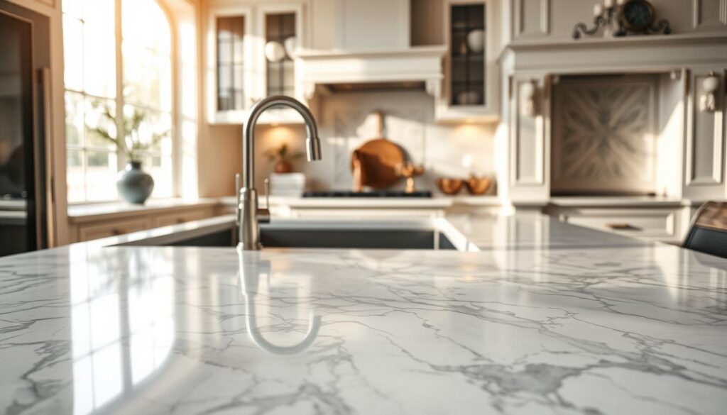 A beautifully lit kitchen featuring a luxurious marble countertop as the focal point. The foreground shows the polished surface of the marble, showcasing intricate veining patterns in shades of white, gray, and subtle blue, reflecting light for a glossy finish. In the middle, a sleek faucet and modern sink blend seamlessly with the countertop, hinting at a professional kitchen environment. The background softly reveals elegant cabinetry and tasteful decor, with natural light streaming through a window, highlighting the marble's textures. The atmosphere is warm and inviting, suggesting sophistication and class, perfect for illustrating the essence of natural stone and its care. A wide-angle perspective captures the entire scene, emphasizing both the beauty of the marble and the overall kitchen design. A beautifully lit kitchen featuring a luxurious marble countertop as the focal point. The foreground shows the polished surface of the marble, showcasing intricate veining patterns in shades of white, gray, and subtle blue, reflecting light for a glossy finish. In the middle, a sleek faucet and modern sink blend seamlessly with the countertop, hinting at a professional kitchen environment. The background softly reveals elegant cabinetry and tasteful decor, with natural light streaming through a window, highlighting the marble's textures. The atmosphere is warm and inviting, suggesting sophistication and class, perfect for illustrating the essence of natural stone and its care. A wide-angle perspective captures the entire scene, emphasizing both the beauty of the marble and the overall kitchen design.