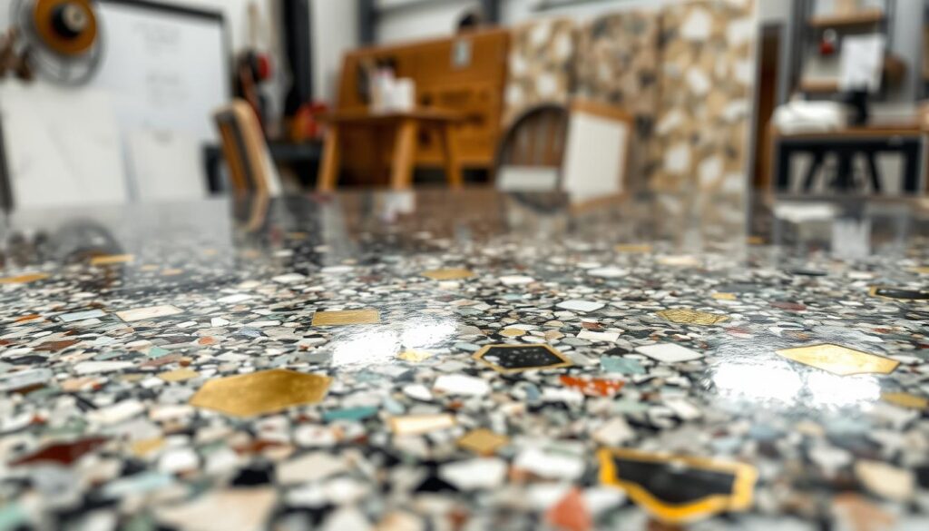 A close-up view of a beautifully crafted terrazzo slab showcasing intricate brass inlays set into a smooth, polished surface. The foreground features the slab’s rich textures, revealing a vibrant blend of colored aggregates, such as marble chips, glass fragments, and stone, all encased in a glossy resin finish. Visible brass inlays highlight the edges and patterns, emphasizing the thickness options available. The middle ground includes a subtle play of light reflecting off the surface, adding depth and richness to the materials' appearance. The background is softly blurred, featuring a modern workshop setting with tools and design samples, conveying a mood of creativity and innovation. The lighting is bright yet warm, enhancing the luxurious feel of the terrazzo.