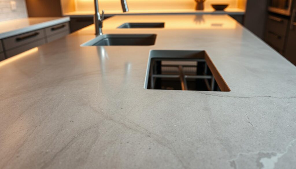 A close-up view of a sleek, modern concrete countertop featuring intricate patterns created by GFRC (Glass Fiber Reinforced Concrete) techniques. The foreground showcases a beautifully finished surface with a polished sheen, highlighting the smooth texture and rich, varied tones of the concrete. Integral sinks are seamlessly integrated into the design, reflecting subtle, ambient lighting. In the middle ground, movement joints are meticulously placed, demonstrating precision and modern craftsmanship. Support steel structures are subtly visible beneath the countertop, adding an industrial touch. The background is softly blurred to emphasize the countertop’s details, with warm, inviting lighting creating a contemporary, sophisticated atmosphere suitable for a cutting-edge kitchen or bathroom setting.