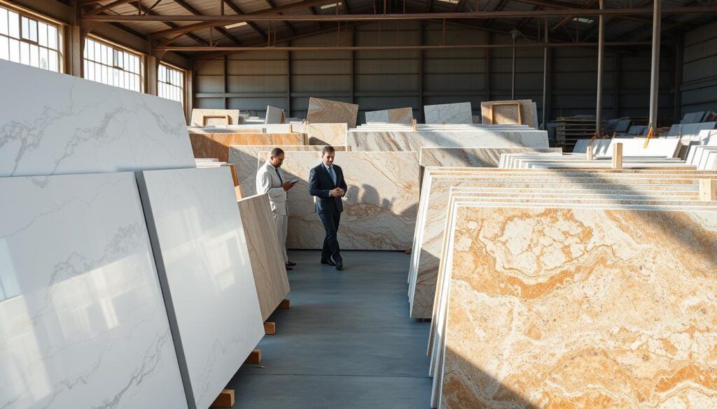 A well-organized slab yard showcasing a selection of quartzite kitchen slabs, arranged in an inviting display. In the foreground, highlight several large slabs of various colors and patterns, with intricate veining typical of quartzite, including whites, grays, and rich earth tones. The middle ground features skilled professionals in business attire examining the slabs, discussing their textures and finishes, ensuring a sense of collaboration. The background captures a sunlit environment, with soft, natural light filtering through, emphasizing the beauty and clarity of the stone. The overall mood is one of professionalism and inspiration, inviting viewers into the world of natural stone countertops, focusing on selection techniques like movement and dry lay for bookmatching seams. Ensure the scene is clean and aesthetically pleasing, without any text or graphic elements. A well-organized slab yard showcasing a selection of quartzite kitchen slabs, arranged in an inviting display. In the foreground, highlight several large slabs of various colors and patterns, with intricate veining typical of quartzite, including whites, grays, and rich earth tones. The middle ground features skilled professionals in business attire examining the slabs, discussing their textures and finishes, ensuring a sense of collaboration. The background captures a sunlit environment, with soft, natural light filtering through, emphasizing the beauty and clarity of the stone. The overall mood is one of professionalism and inspiration, inviting viewers into the world of natural stone countertops, focusing on selection techniques like movement and dry lay for bookmatching seams. Ensure the scene is clean and aesthetically pleasing, without any text or graphic elements.