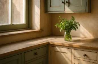 aged kitchen colors on lower cabinets with warm wood and stone surfaces