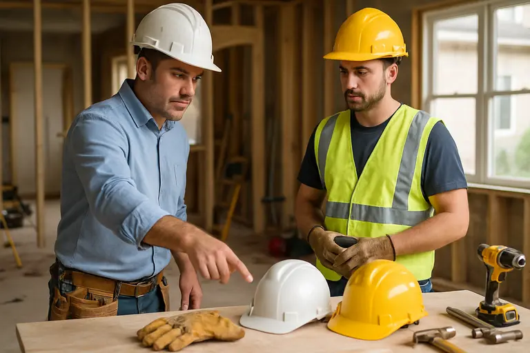 Contractor reviewing utility plans beside an unfinished outdoor kitchen frame