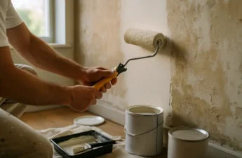 Homeowner reviewing Essential Repairs checklist beside paint samples and repair invoices