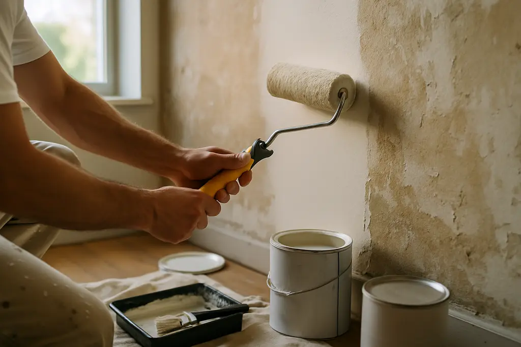 Homeowner reviewing Essential Repairs checklist beside paint samples and repair invoices