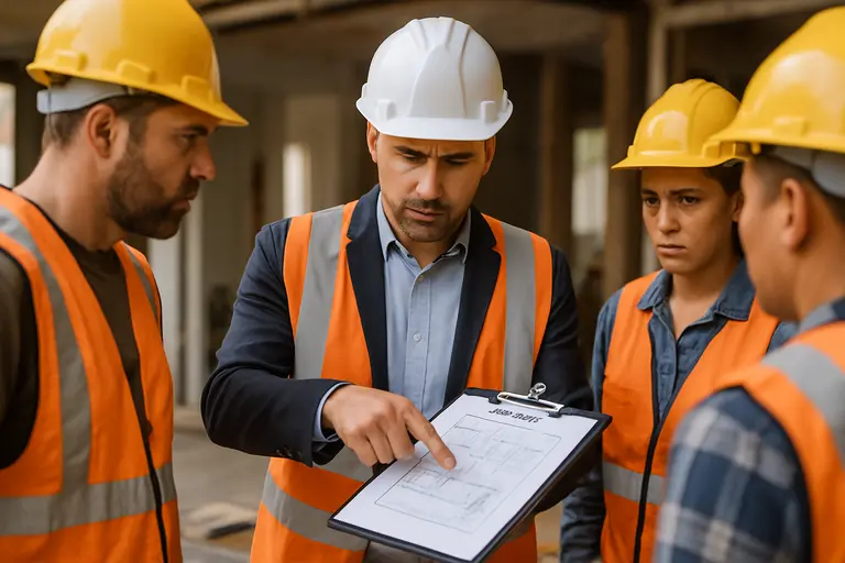 Homeowner and contractor reviewing a project checklist at a work table