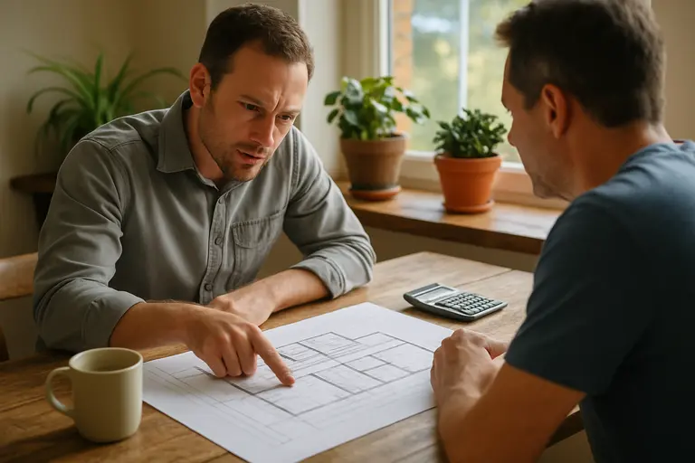 Homeowner reviewing a yard plan with marked paths and planting zones