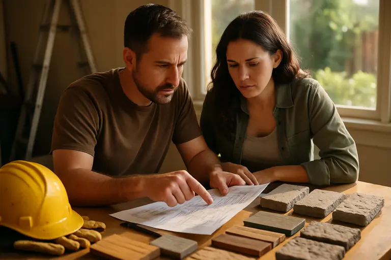Homeowner reviewing outdoor renovation plans beside material samples