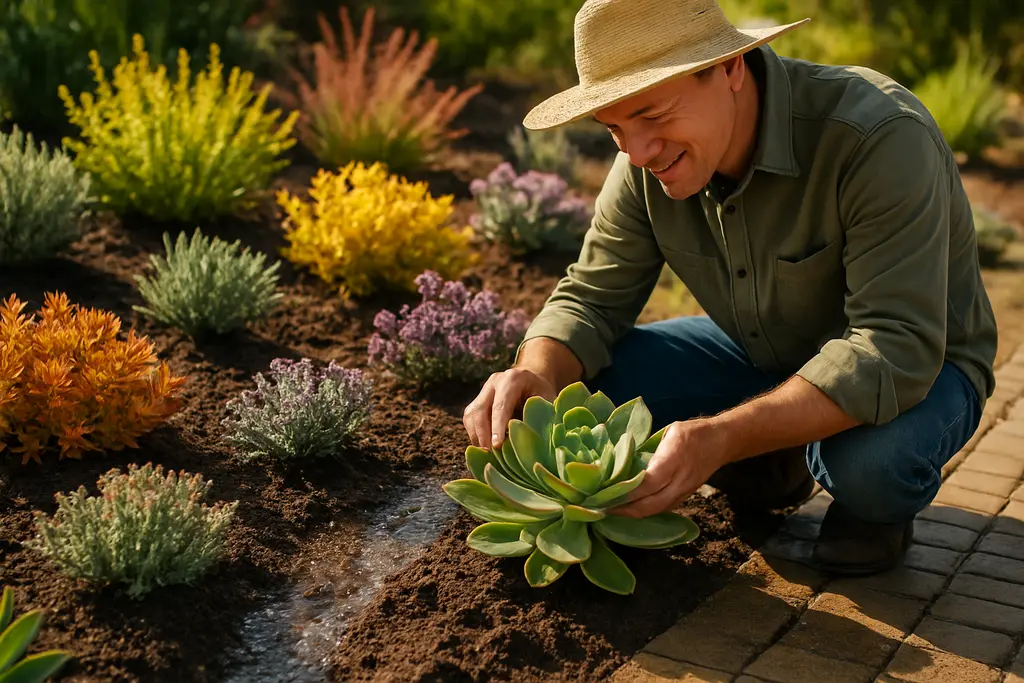 Low-Water Outdoor Design with gravel patio, dry-climate planting, and drip irrigation