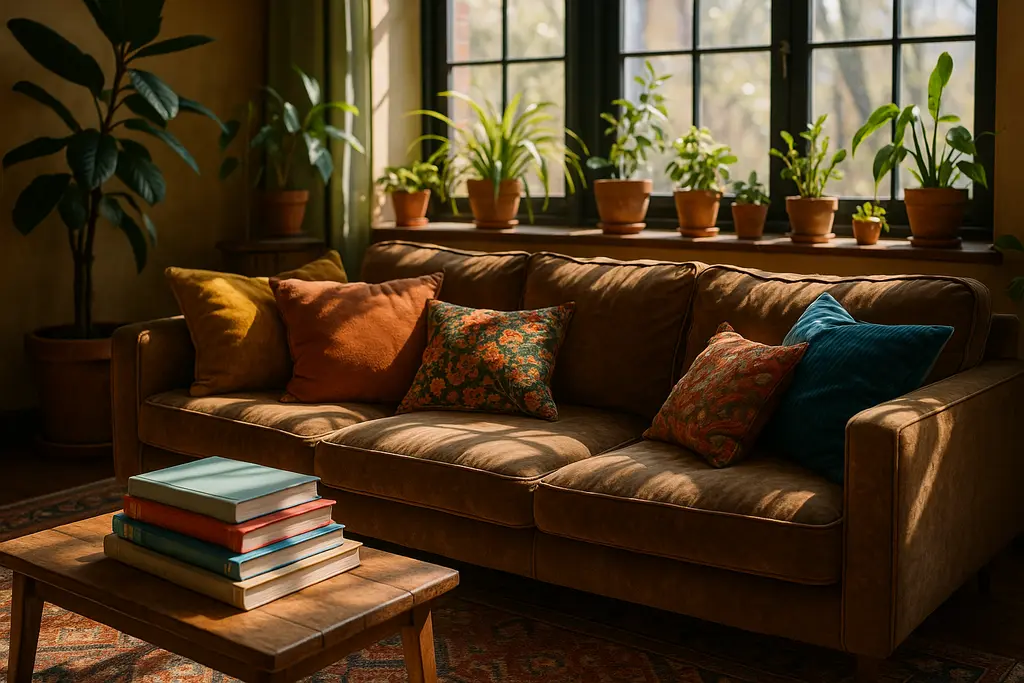 Living room with maximalist layering, books, textiles, framed art, and clear walkways
