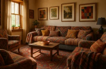 Maximalist layering in a living room with patterned textiles, art, and mixed furniture