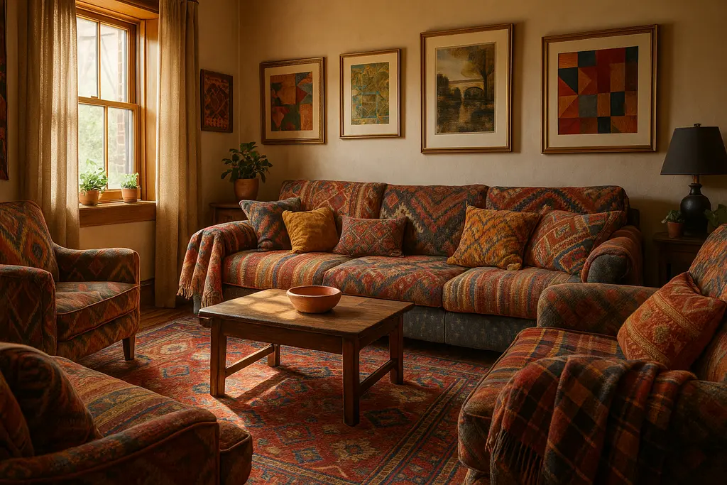 Maximalist layering in a living room with patterned textiles, art, and mixed furniture