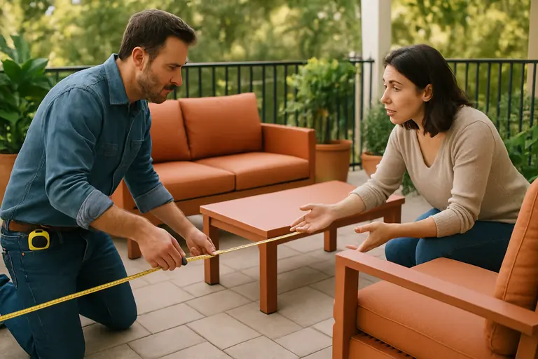 Measured patio layout with outdoor chairs clear of a doorway and walkway