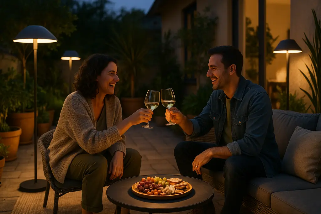 Outdoor Floor Lamps beside a patio sofa with soft evening lighting