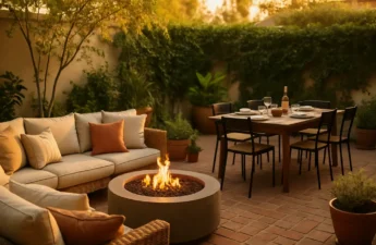 Outdoor living spaces with seating, planters and shaded dining on a modern patio
