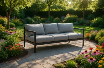 Covered patio showing outdoor renovations with seating, planters and warm evening lighting