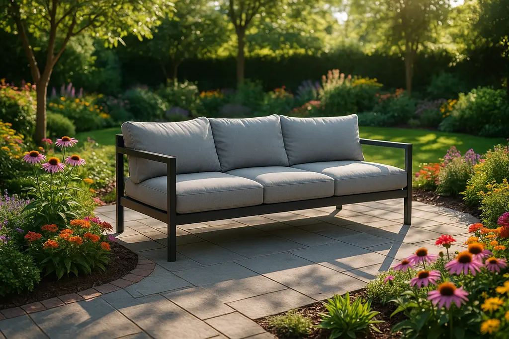 Covered patio showing outdoor renovations with seating, planters and warm evening lighting