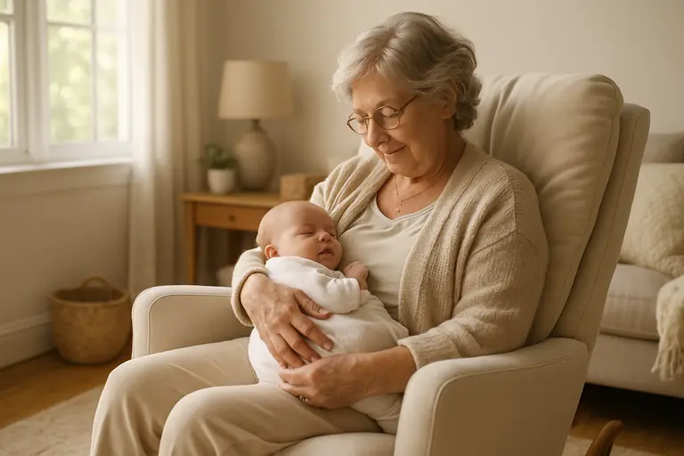 Person testing an armchair seat height in a calm home setting