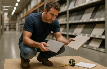 Homeowner reviewing Remodeling Material Costs with samples and plans on a kitchen table