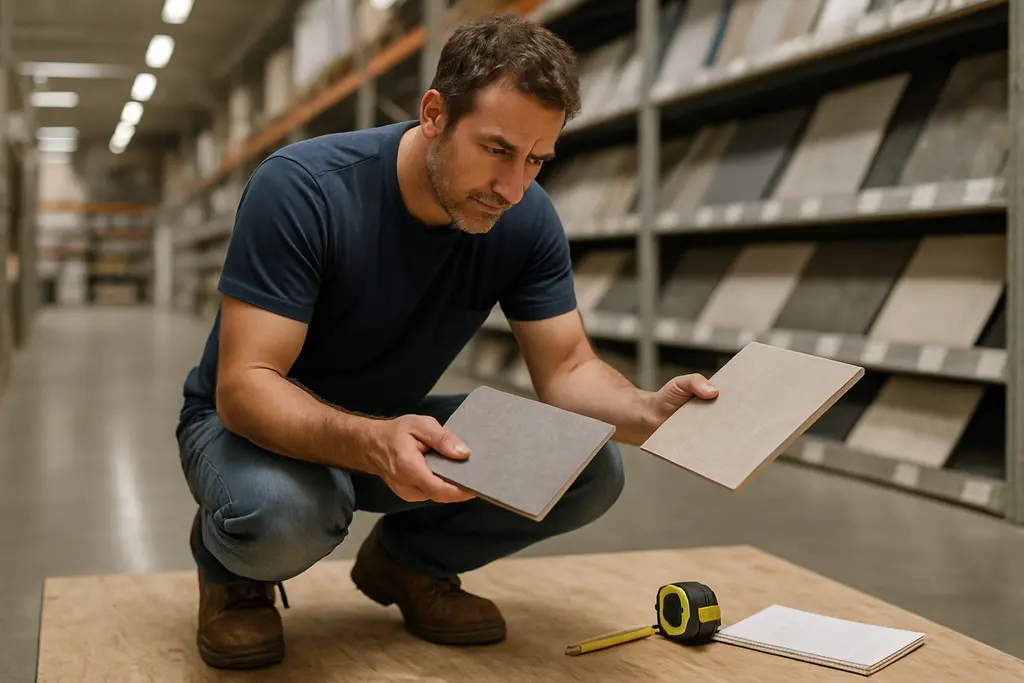 Homeowner reviewing Remodeling Material Costs with samples and plans on a kitchen table