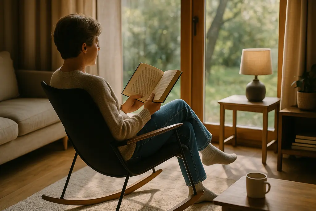 A wooden rocking chair beside a reading lamp in a quiet living room