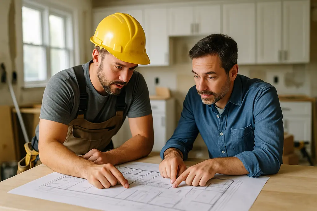 Homeowner reviewing Safe Renovation Strategies with a contractor in a kitchen