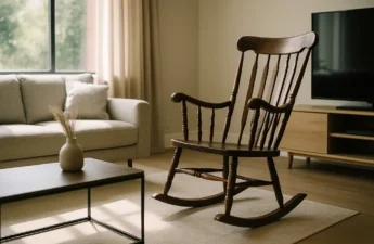 Vintage rocking chair beside a modern sofa in a calm living room